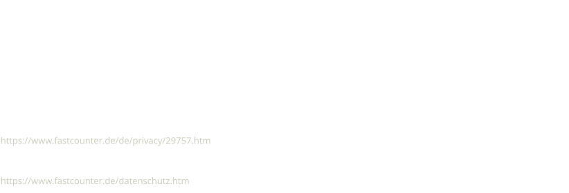 Unsere Website verwendet den Besucherzähler Fastcounter. Betreiber von Fastcounter ist der DirectUpload Limited, Unit 308, 3/F, Chevalier House, 45-51 Chatham Road South, Tsimshatsui, Kowloon, Hong Kong. Fastcounter ist ein kostenloser Besucherzähler, welcher die Besucher und Seitenaufrufe auf dieser Internetseite analysiert und auswertet. Dabei werden IP-Adresse, Datum und Uhrzeit der Anfrage, Browsertyp, Browsersprache, Bildschirmauflösung, Referrer und Gerätetyp ausgelesen und an den Betreiber von Fastcounter übertragen. Alle Daten werden SSL-verschlüsselt übertragen und selbstverständlich nach den Richtlinien der DSVGO vollständig anonymisiert und ausgewertet. Die IP-Adresse wird während der Übertragung pseudonymisiert, sodass keine personenbezogenen Daten an den Betreiber von Fastcounter übermittelt werden. Der Datenerhebung und -speicherung können Sie jederzeit mit Wirkung für die Zukunft widersprechen. Um einer Datenerhebung und -speicherung Ihrer Besucherdaten für die Zukunft zu widersprechen, können Sie unter nachfolgendem Link ein Opt-Out-Cookie von Fastcounter beziehen, dieser bewirkt, dass zukünftig keine Besucherdaten Ihres Browsers bei Fastcounter erhoben und gespeichert werden:   https://www.fastcounter.de/de/privacy/29757.htm. Dadurch wird ein Opt-Out-Cookie mit dem Namen "privcookie" von Fastcounter gesetzt. Bitte löschen Sie diesen Cookie nicht, solange Sie Ihren Widerspruch aufrecht erhalten möchten. Weitere Informationen finden Sie in den Datenschutzbestimmungen von Fastcounter:  https://www.fastcounter.de/datenschutz.htm